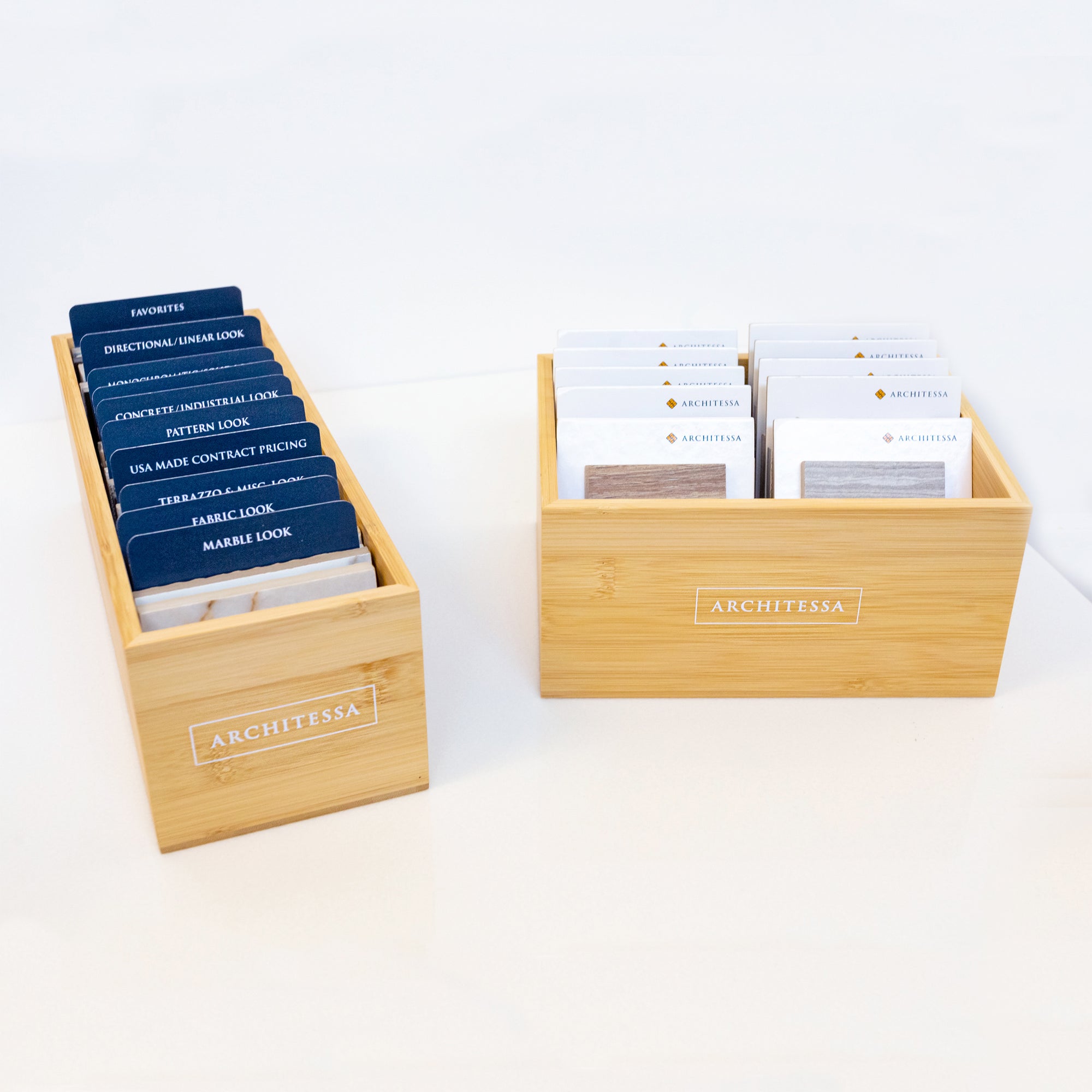 Bamboo wooden boxes filled with Architessa Library sample kit swatch cards and tabs